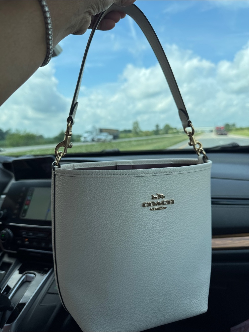 Coach White Pebble Leather Bucket Shoulder Bag with Gold Hardware